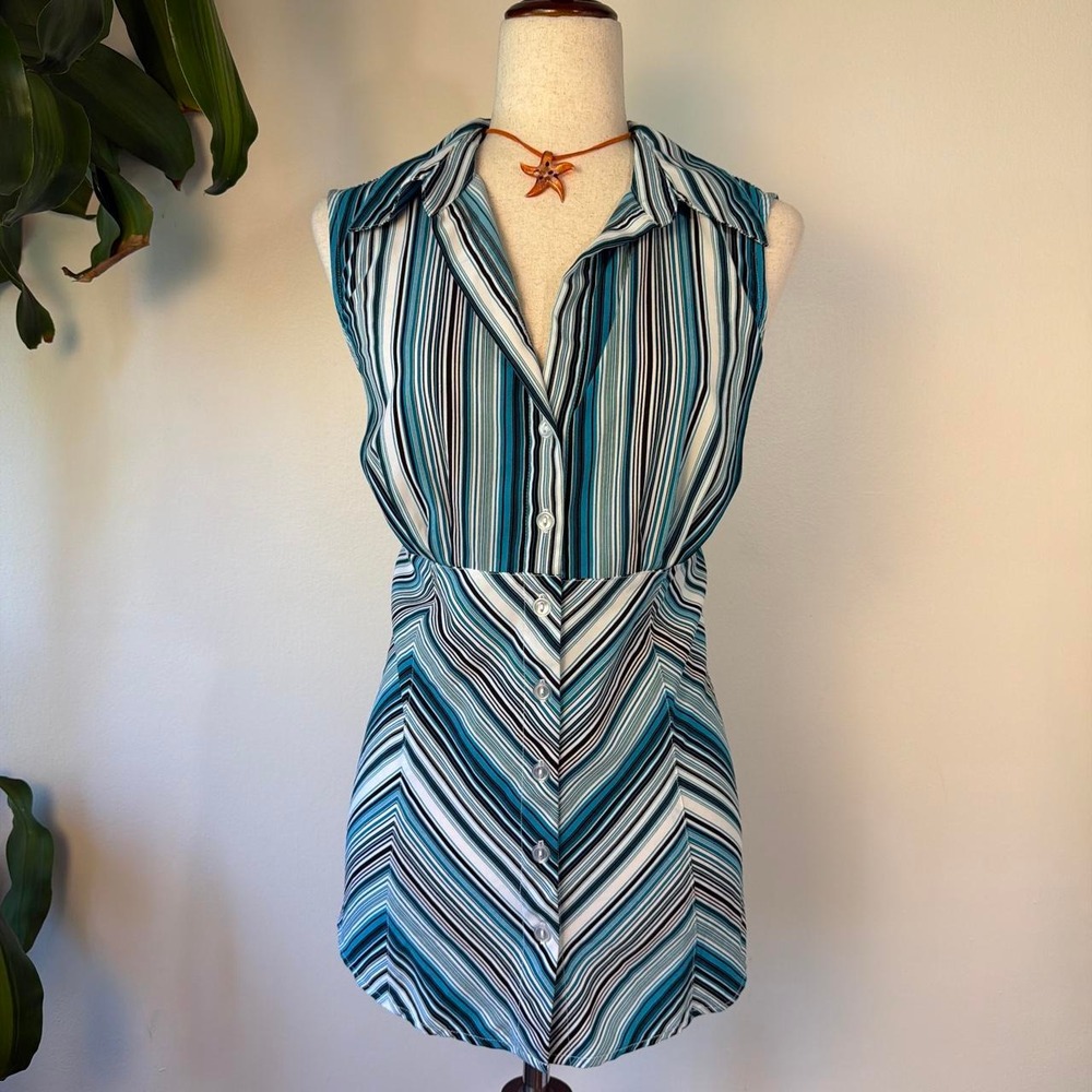 Blue Diamond Plus Teal Chevron Babydoll Sleeveless Blouse Office Siren 1XL
